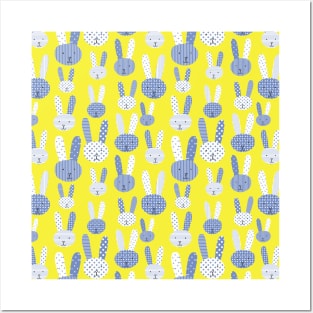 Blue bunnies. Collage bunnies. Doodle bunny. Blue bunnies on a lime background. Blue rabbit. Cute babies and children's fabric. Posters and Art